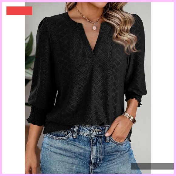 Women's 3/4 Sleeve V-Neck Blouse Hollow Out Business Casual Top - Picture 2 of 4